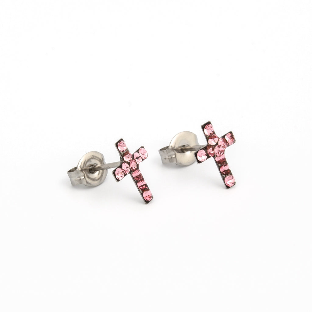 Sensitive™ Puff Pad Fashion Studs – Cross – Light Rose Crystal – Stainless Steel