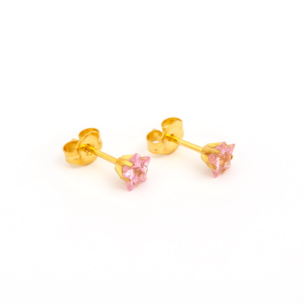 Sensitive™ Puff Pad Star-Cut Prong-Set Cubic Zirconia Fashion Studs – 5mm – Pink – Gold-Plated