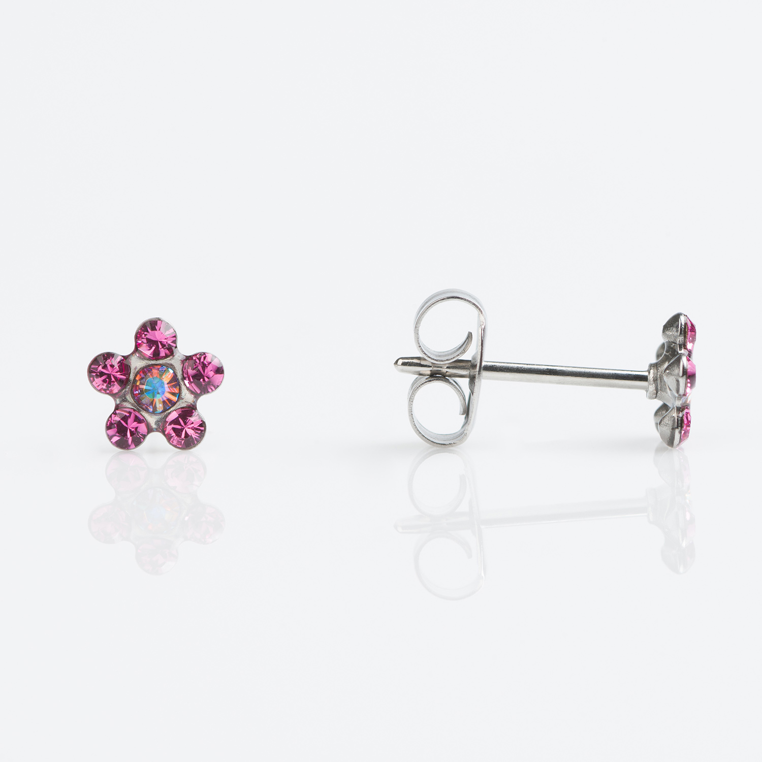 Sensitive™ Puff Pad Fashion Studs – Daisy – October Rose + Aurora Borealis – Stainless Steel