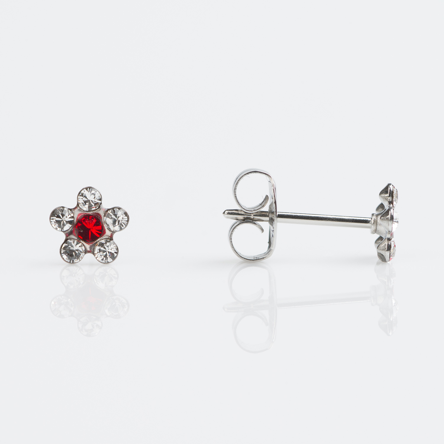 Sensitive™ Puff Pad Fashion Studs – Daisy – April Crystal + July Ruby – Stainless Steel