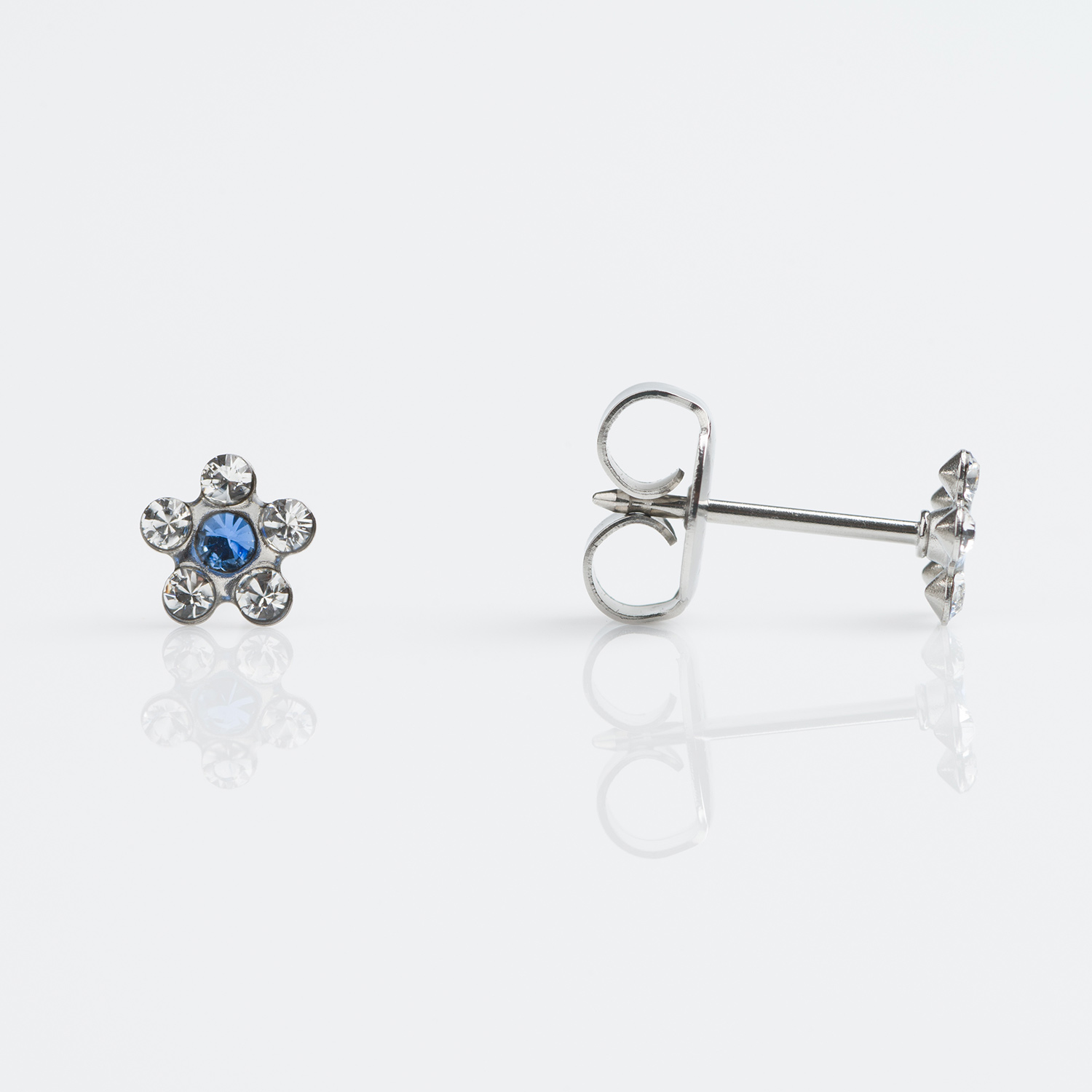 Sensitive™ Puff Pad Fashion Studs – Daisy – April Crystal + September Sapphire – Stainless Steel