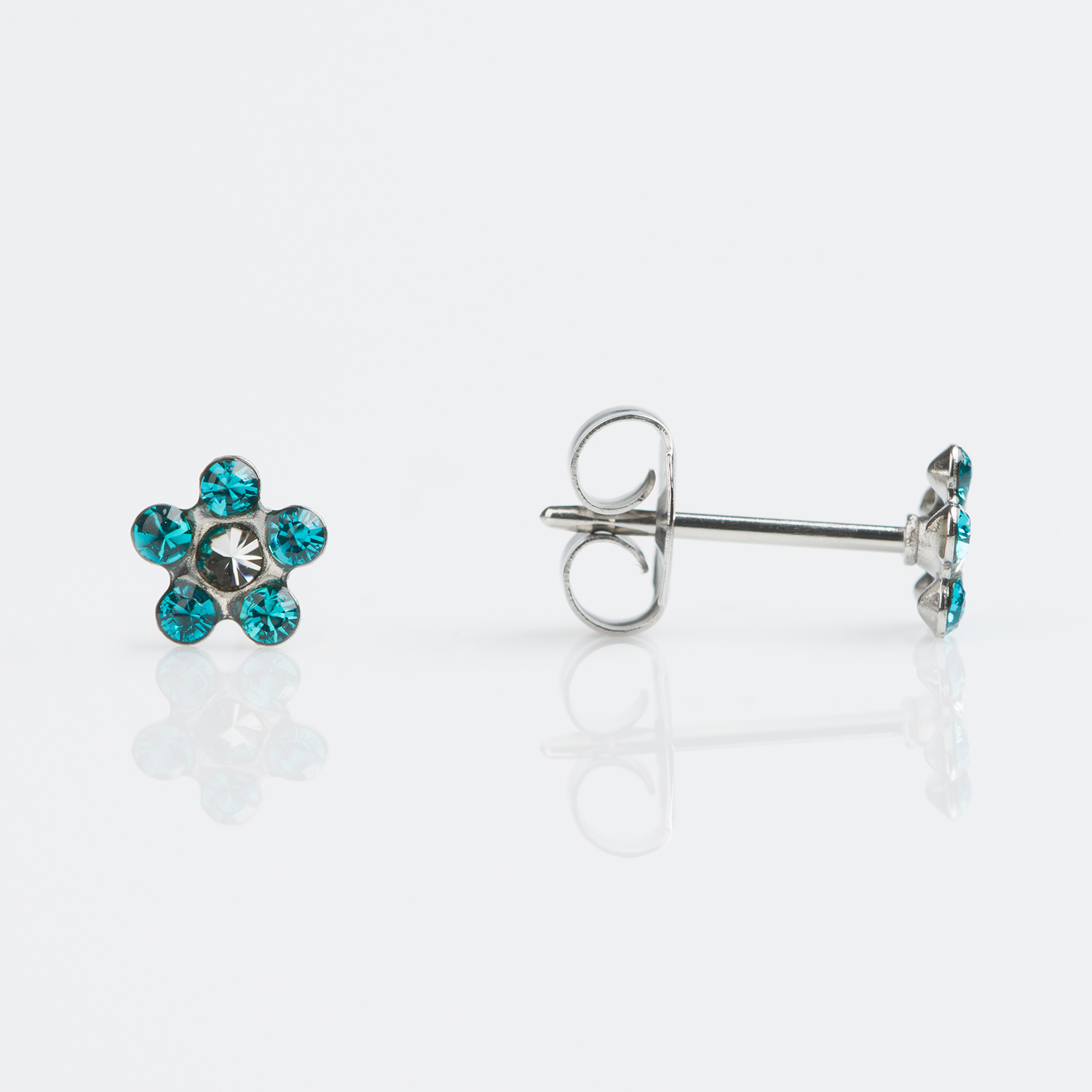 Sensitive™ Puff Pad Fashion Studs – Daisy – December Blue Zircon + April Crystal – Stainless Steel