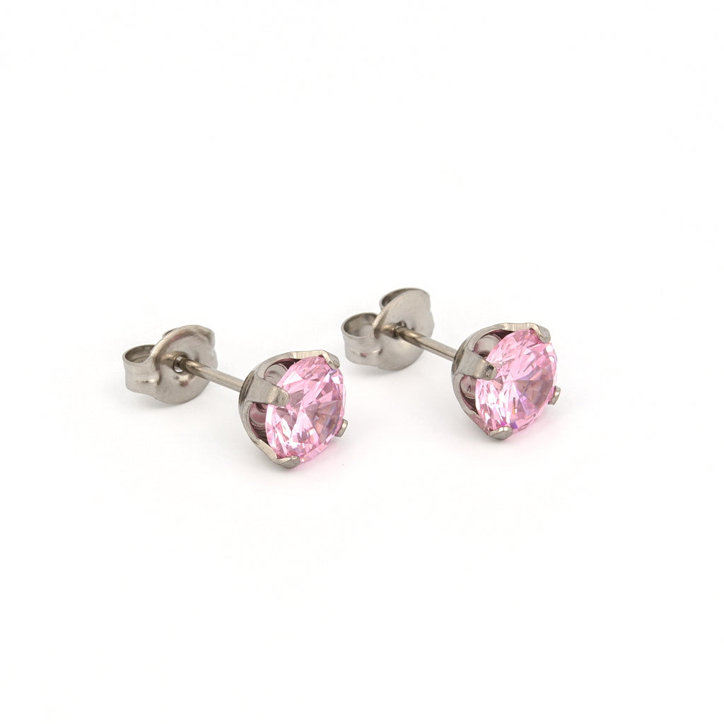 Sensitive™ Puff Pad Prong-Set Cubic Zirconia Fashion Studs – 6mm – Pink – Stainless Steel