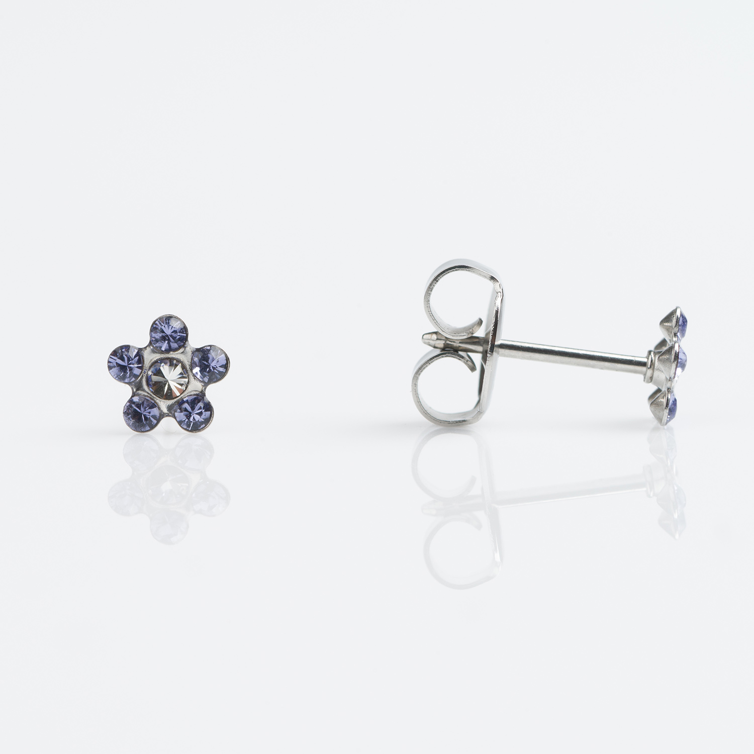 Sensitive™ Puff Pad Fashion Studs – Daisy – Tanzanite + April Crystal – Stainless Steel