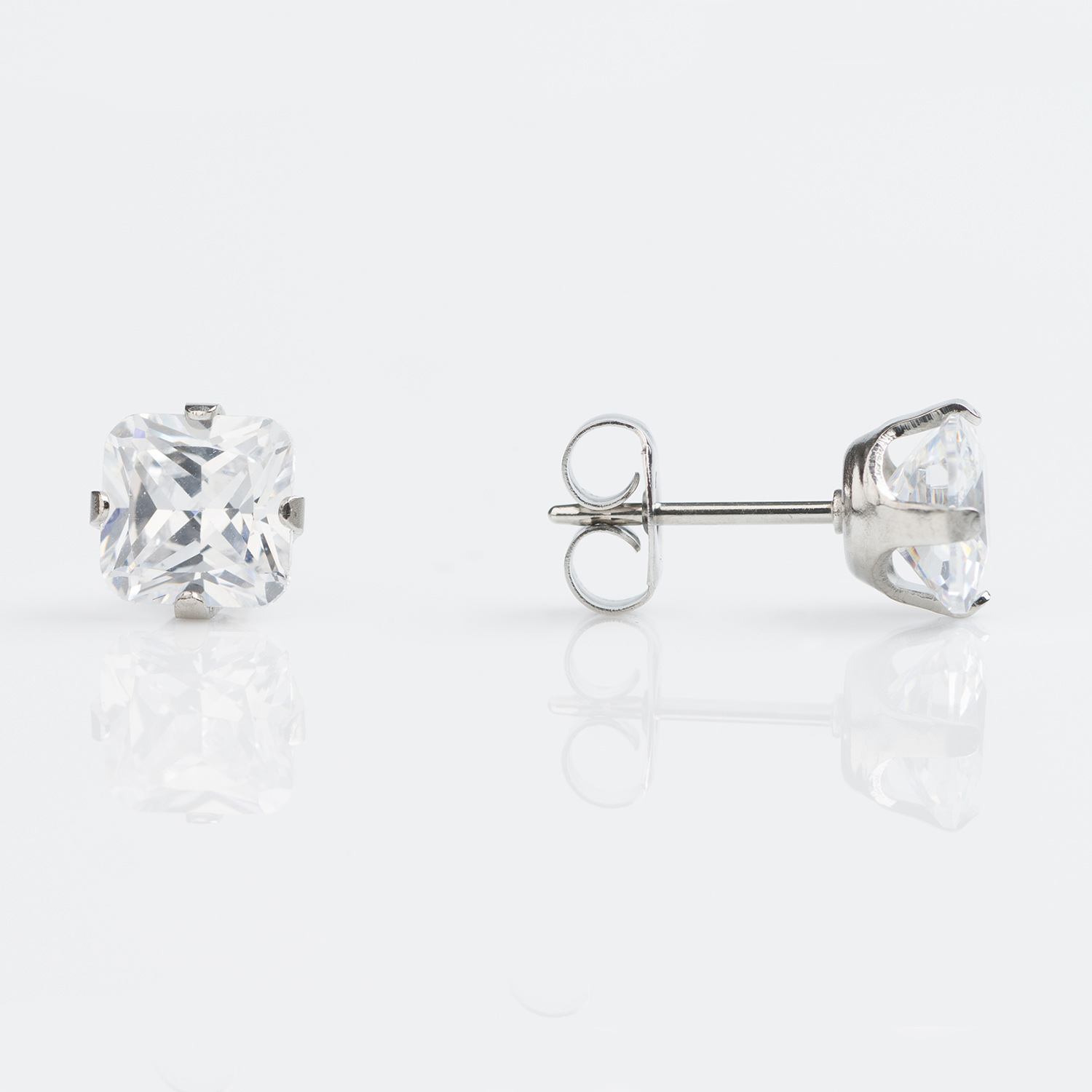 Sensitive™ Puff Pad Prong-Set Princess-Cut Cubic Zirconia Fashion Studs – 6×6mm – Stainless Steel