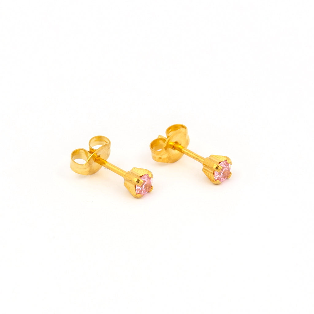 Sensitive™ Puff Pad Prong-Set Cubic Zirconia Fashion Studs – 3mm – Pink – Gold-Plated