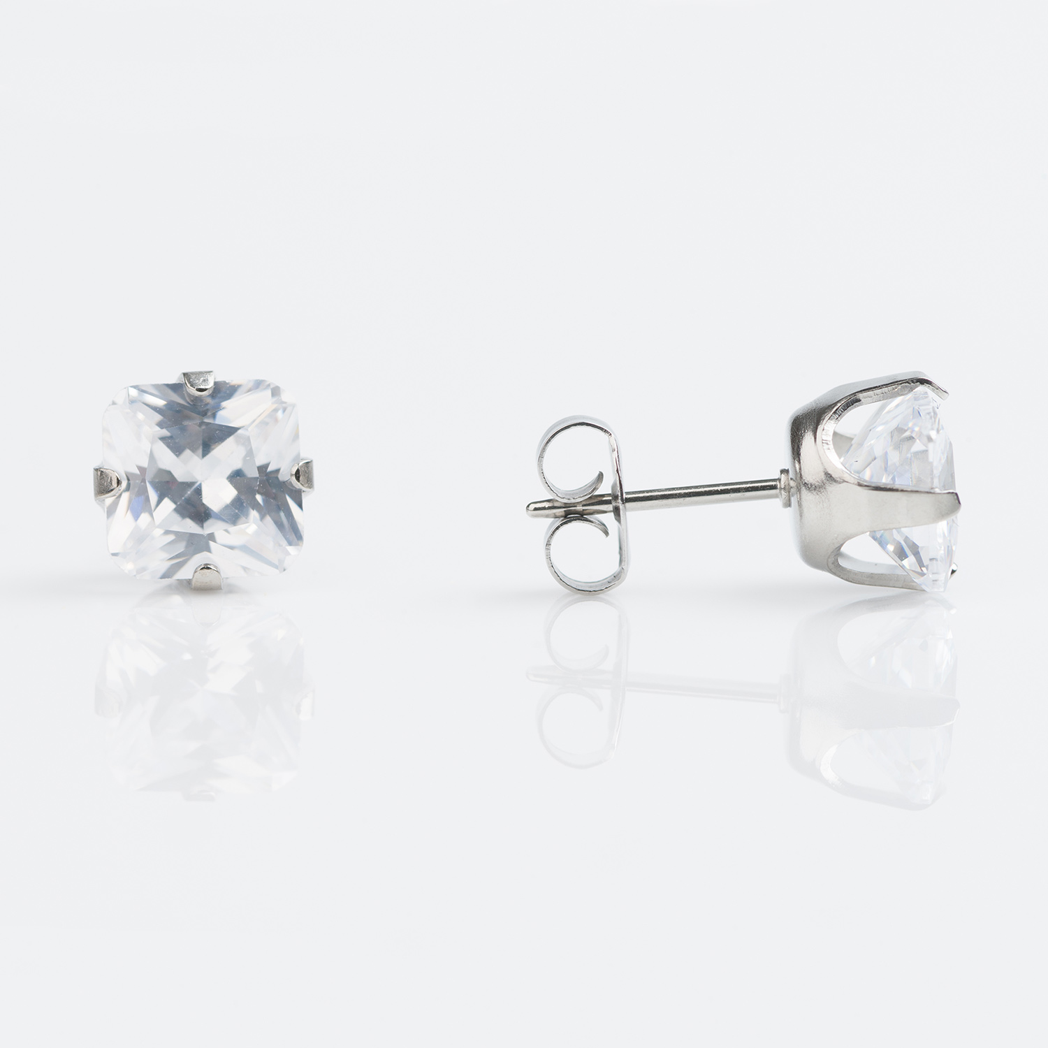 Sensitive™ Puff Pad Prong-Set Princess-Cut Cubic Zirconia Fashion Studs – 7×7mm – Stainless Steel