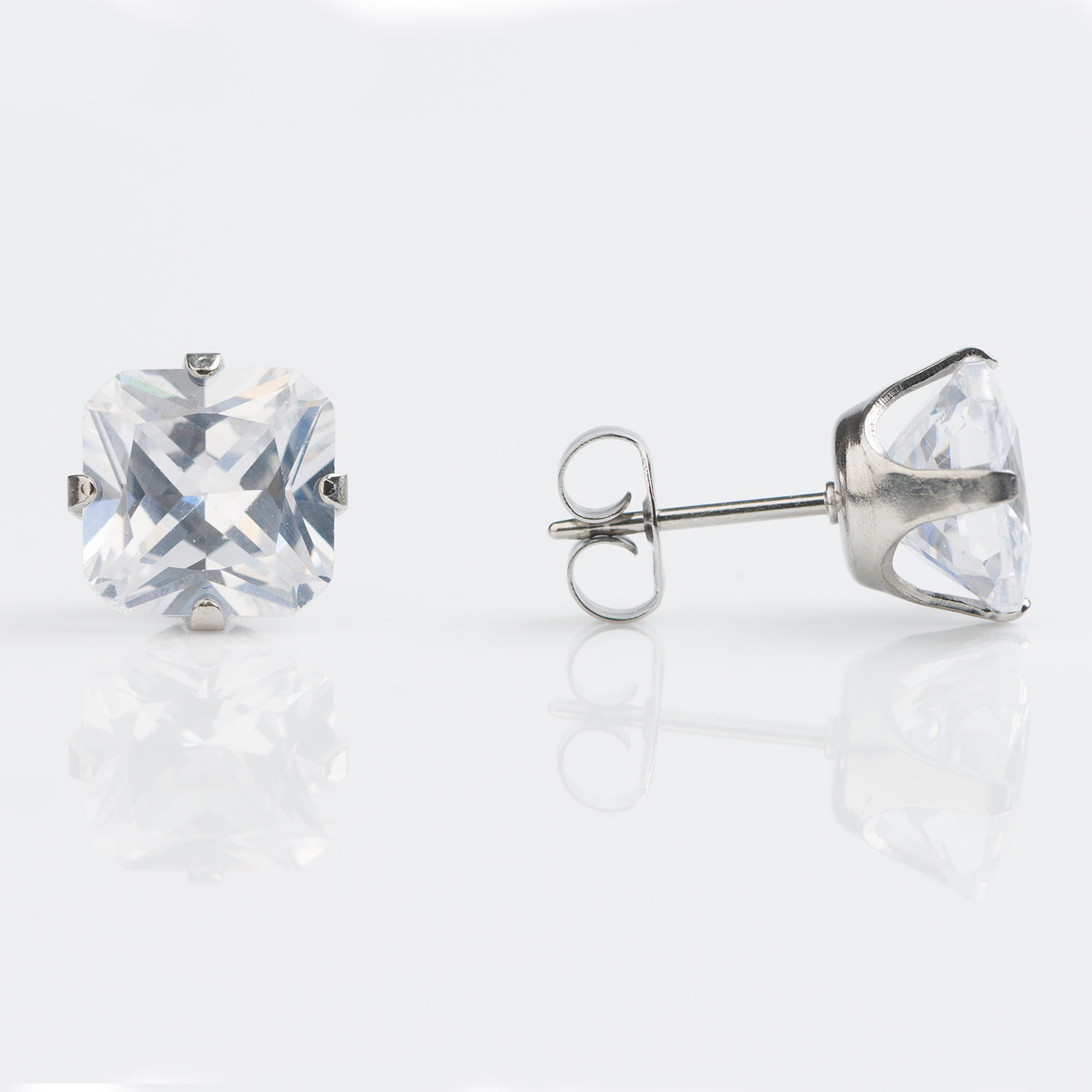 Sensitive™ Puff Pad Prong-Set Princess-Cut Cubic Zirconia Fashion Studs – 8×8mm – Stainless Steel