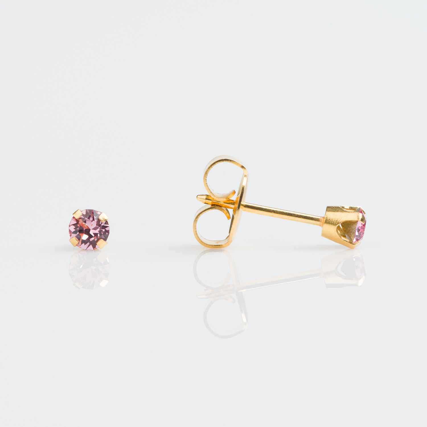 System 75™ Prong-Set Crystal Piercing Studs – 3mm – Light Rose – 9K Yellow Gold