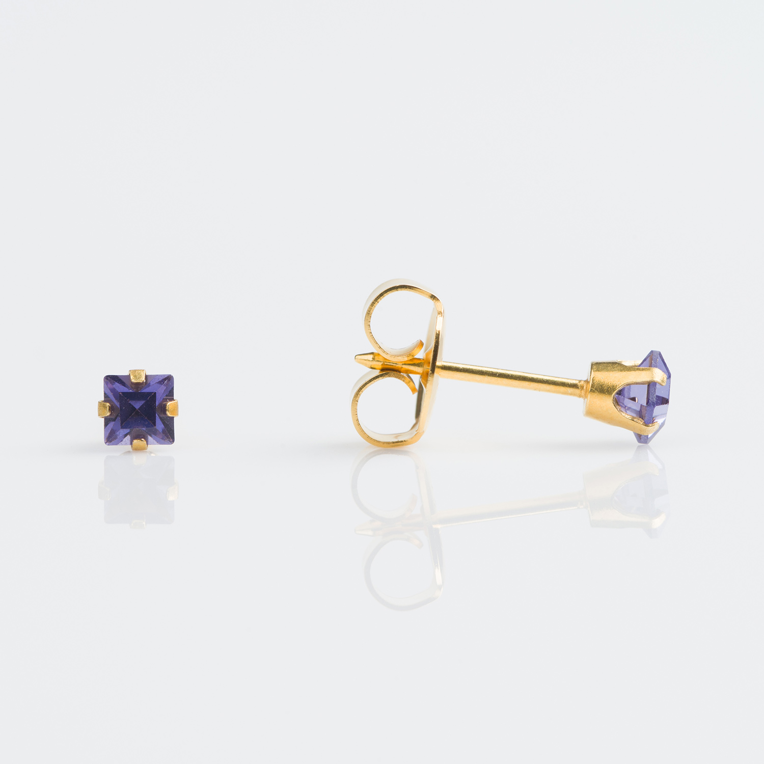 System 75™ Prong-Set Princess-Cut Crystal Piercing Studs – 3mm – Tanzanite – 9K Yellow Gold