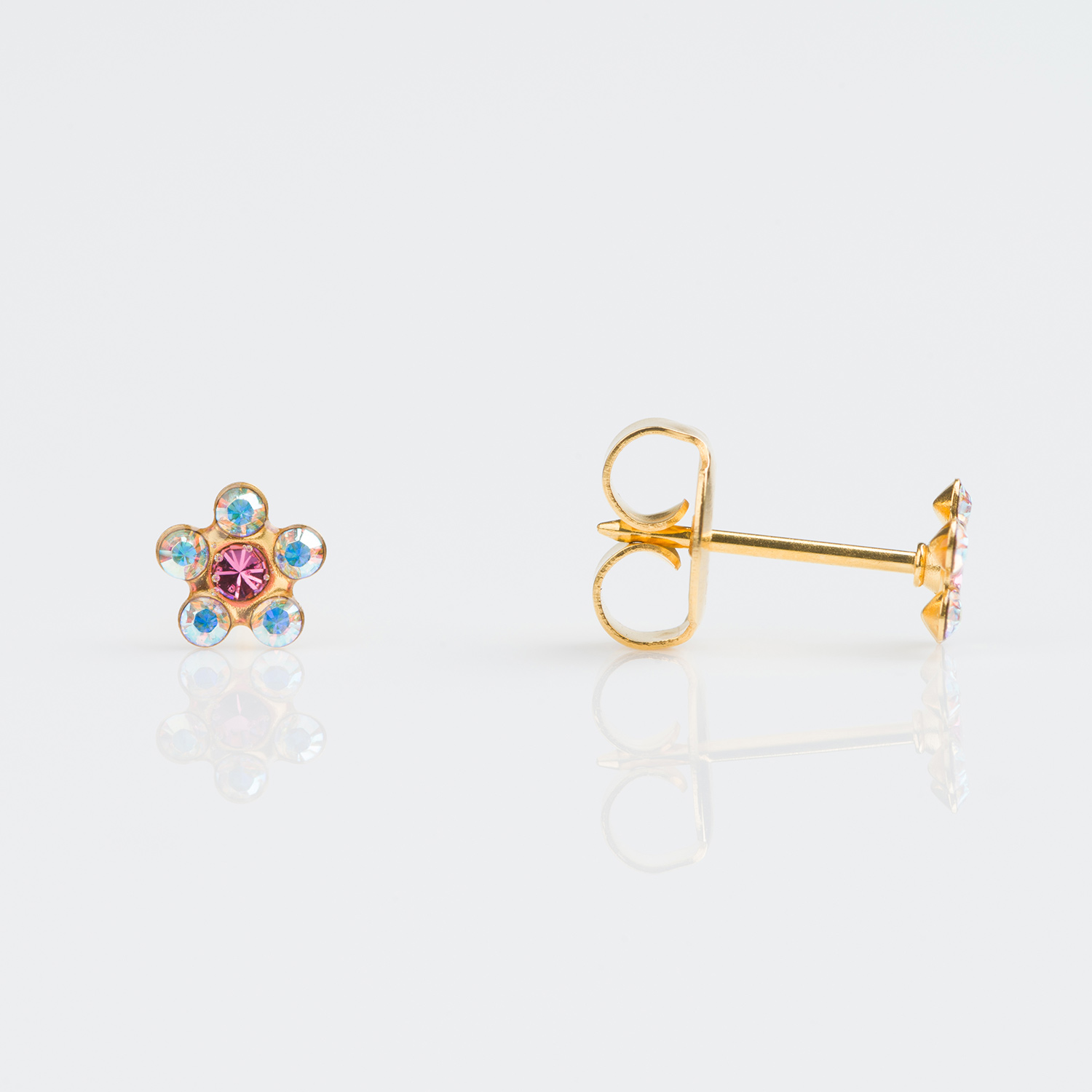 System 75™ Daisy Birthstone Piercing Studs – Aurora Borealis Crystal + October Rose – Regular Post – 9K Yellow Gold – 5mm
