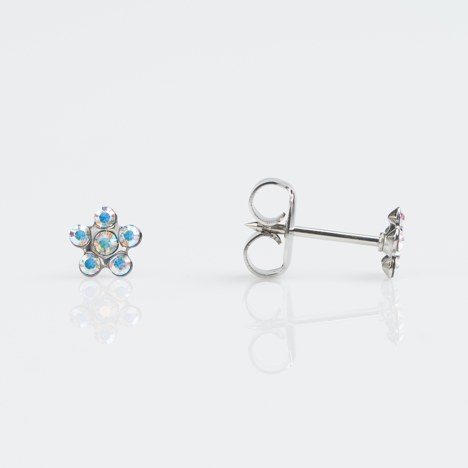 System 75™ Daisy Birthstone Piercing Studs – Aurora Borealis Crystal – Regular Post – 9K White Gold – 5mm