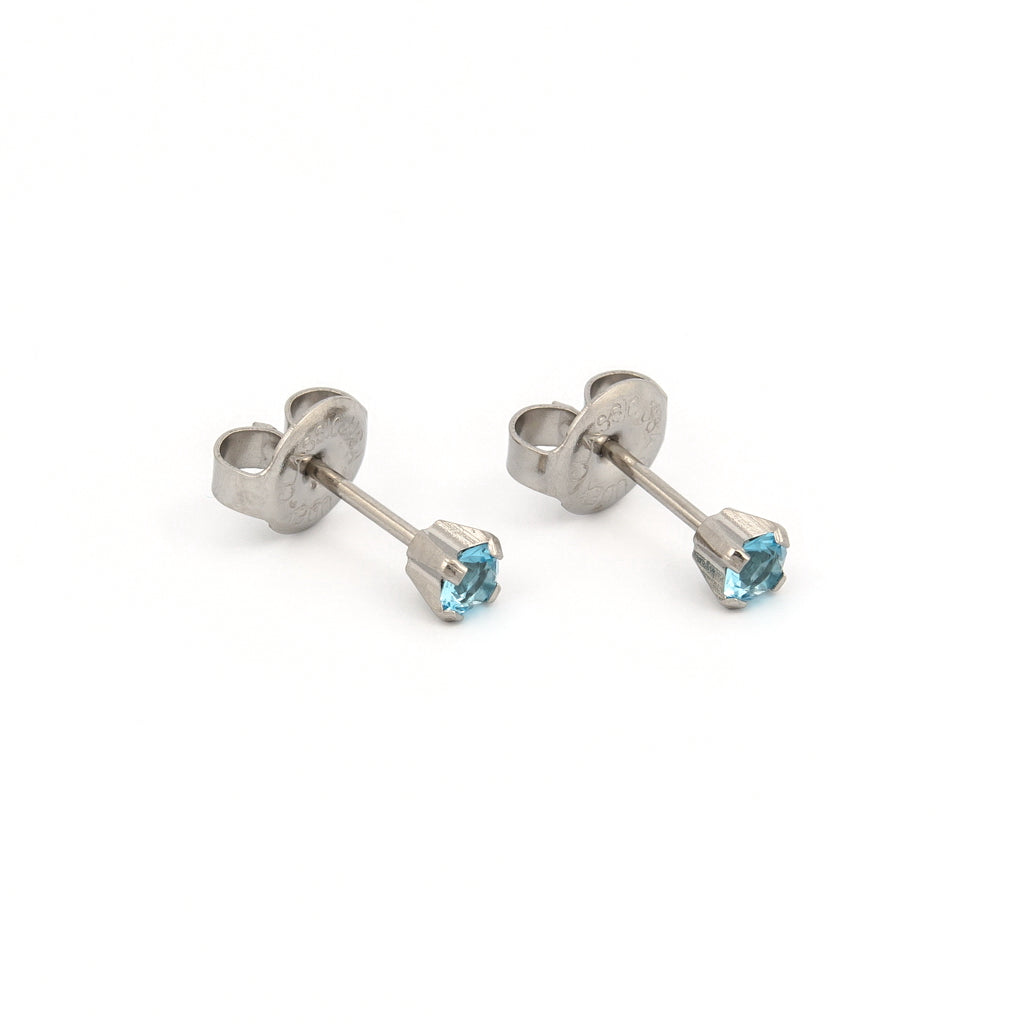 System 75™ Prong-Set Birthstone Piercing Studs – 3mm – March Aquamarine Crystal – Stainless Steel