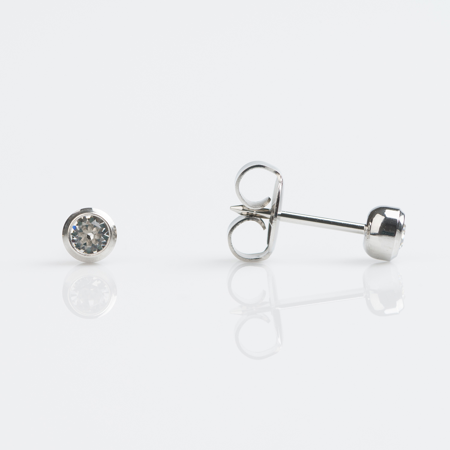 System 75™ Bezel-Set Birthstone Piercing Studs – 3mm – April Clear Crystal – Stainless Steel