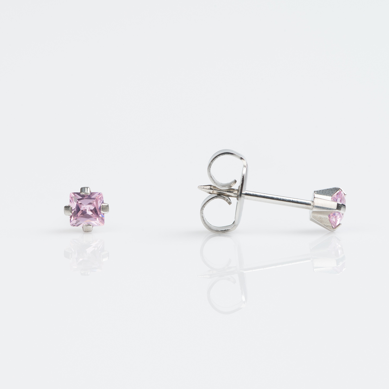 System 75™ Prong-Set Princess-Cut Cubic Zirconia Piercing Studs – Pink – 3×3mm – Stainless Steel