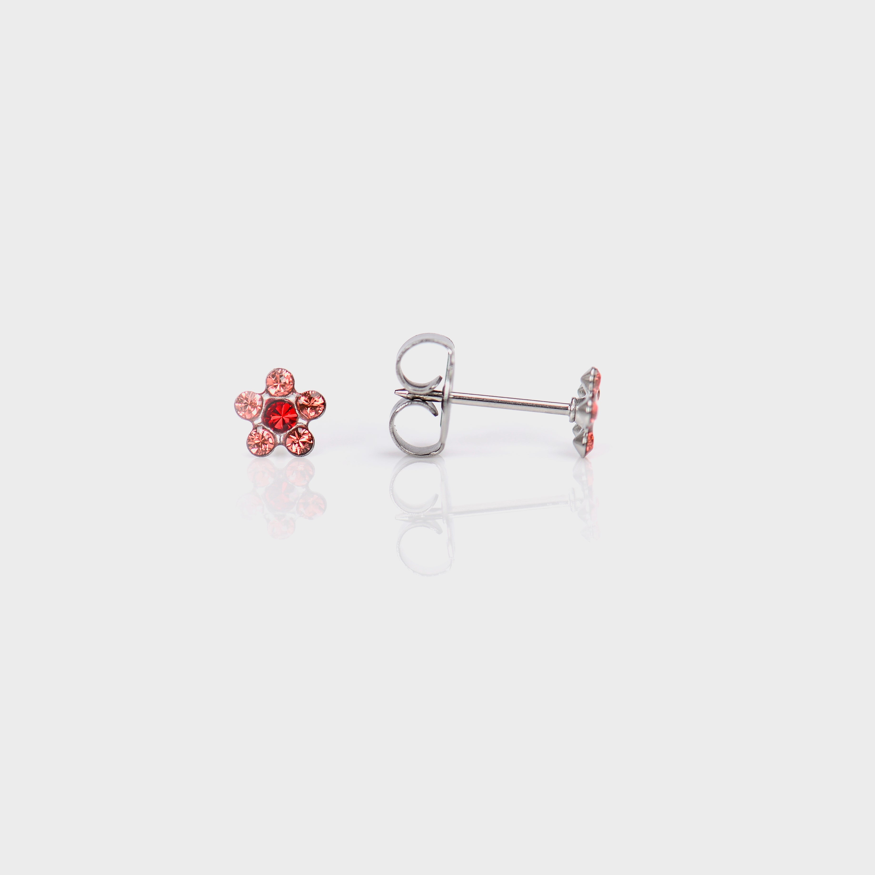 System 75™ Daisy Birthstone Piercing Studs – Padparadscha + July Ruby – Regular Post – Stainless Steel