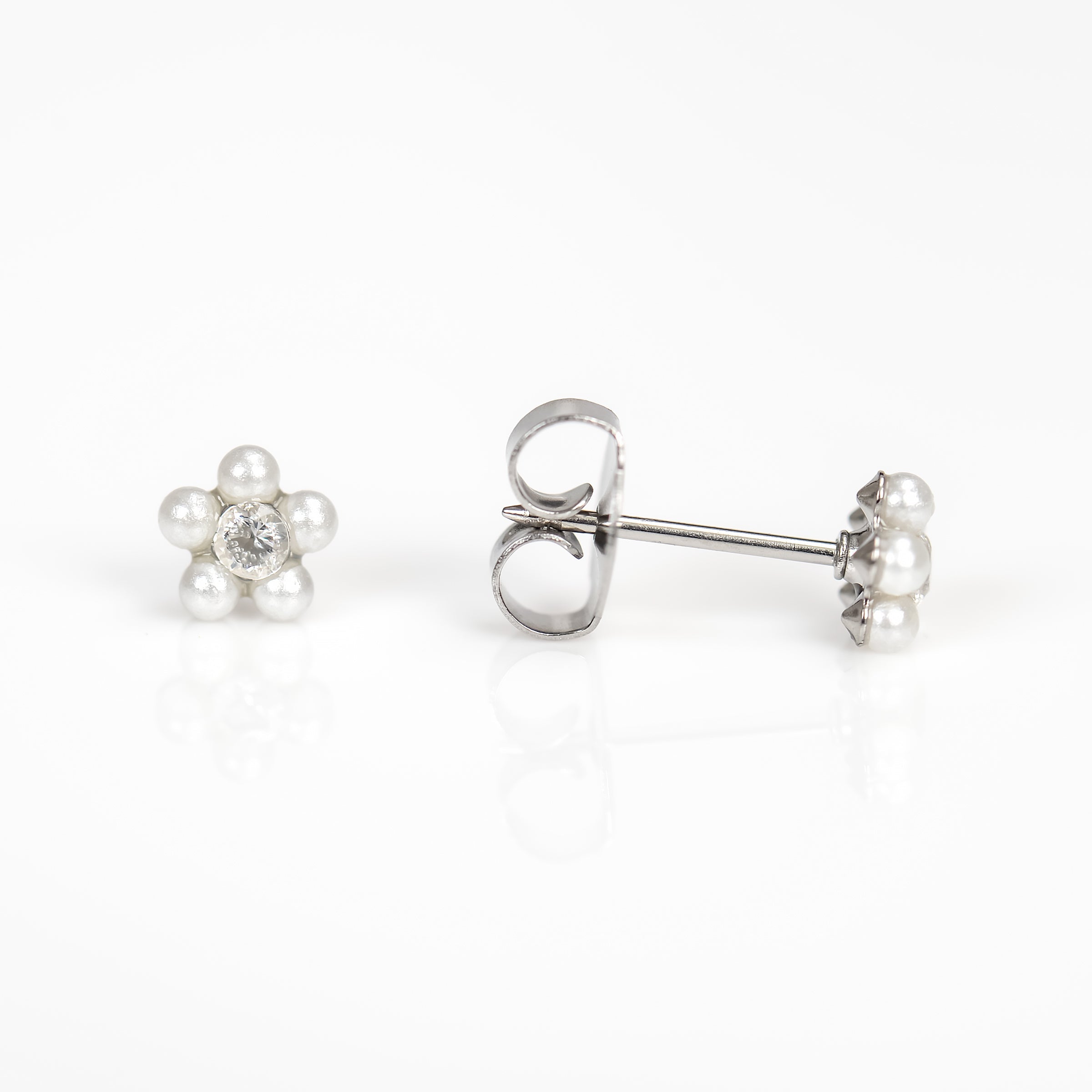 System 75™ Daisy Birthstone Piercing Studs – Pearl + Cubic Zirconia – Regular Post – Stainless Steel