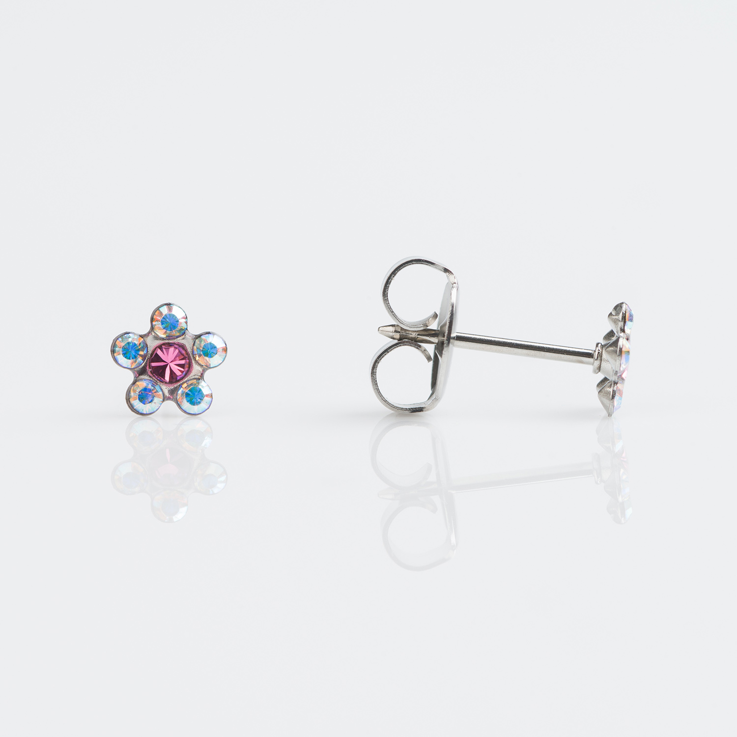 System 75™ Daisy Birthstone Piercing Studs – Aurora Borealis Crystal + October Rose – Regular Post – Stainless Steel – 5mm