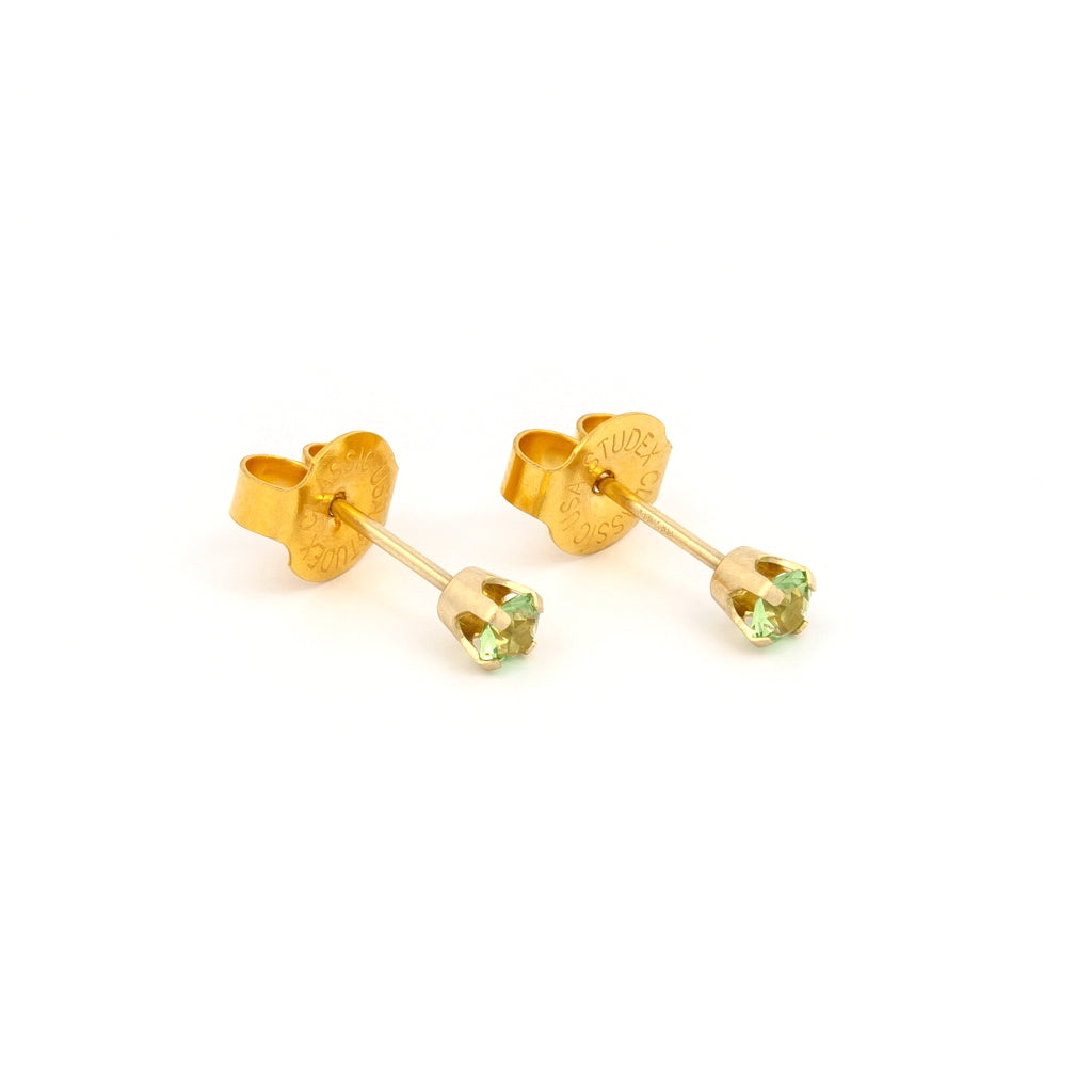 System 75™ Prong-Set Birthstone Piercing Studs – 3mm – August Peridot Crystal – 14K Yellow Gold