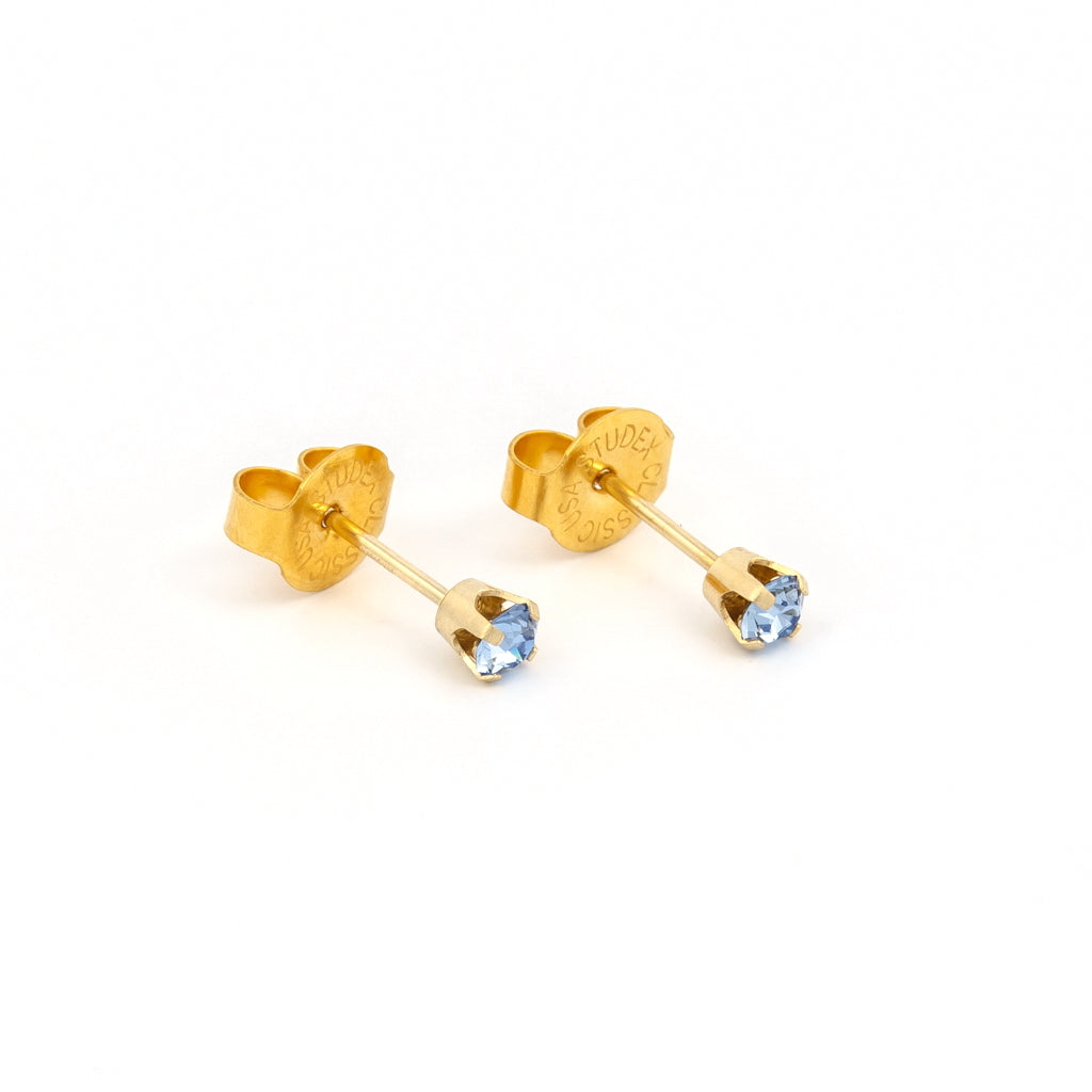 System 75™ Prong-Set Crystal Piercing Studs – 3mm – Light Sapphire – 14K Yellow Gold
