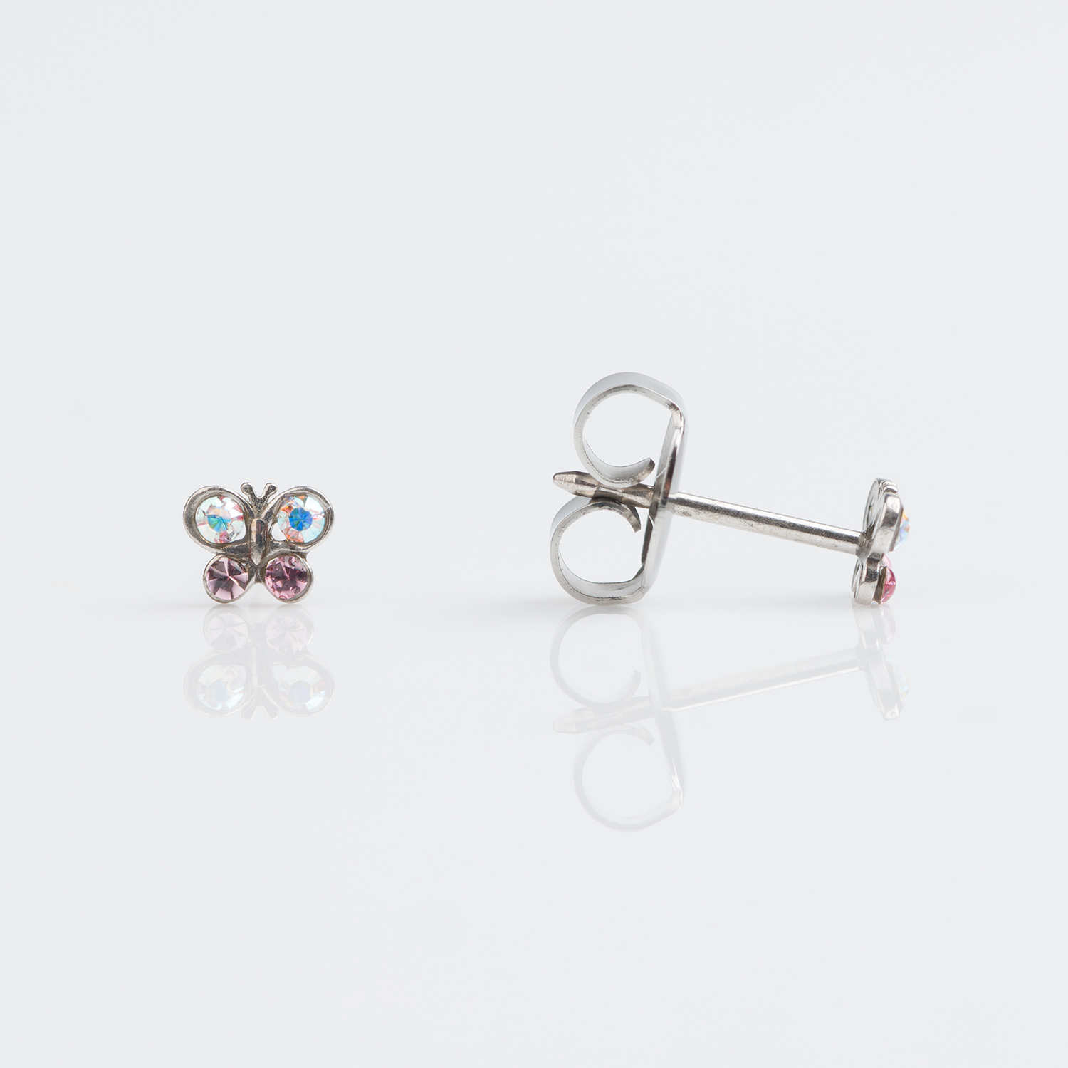 System 75™ Micro Mini Piercing Studs – Butterfly – Aurora Borealis Crystal + Light Rose – 14K White Gold – 4mm