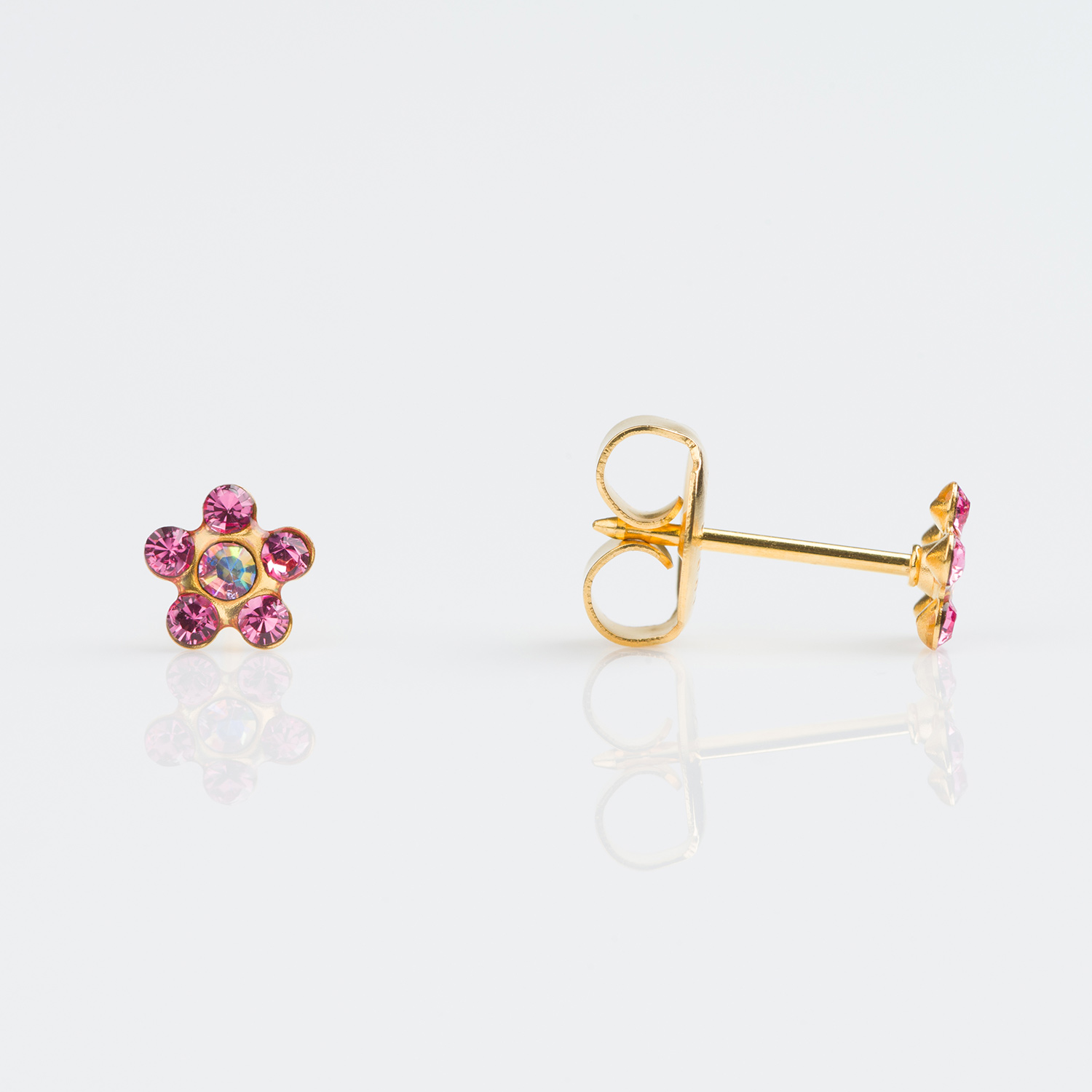 System 75™ Daisy Birthstone Piercing Studs – October Rose + Aurora Borealis Crystal – Regular Post – 14K Yellow Gold – 5mm