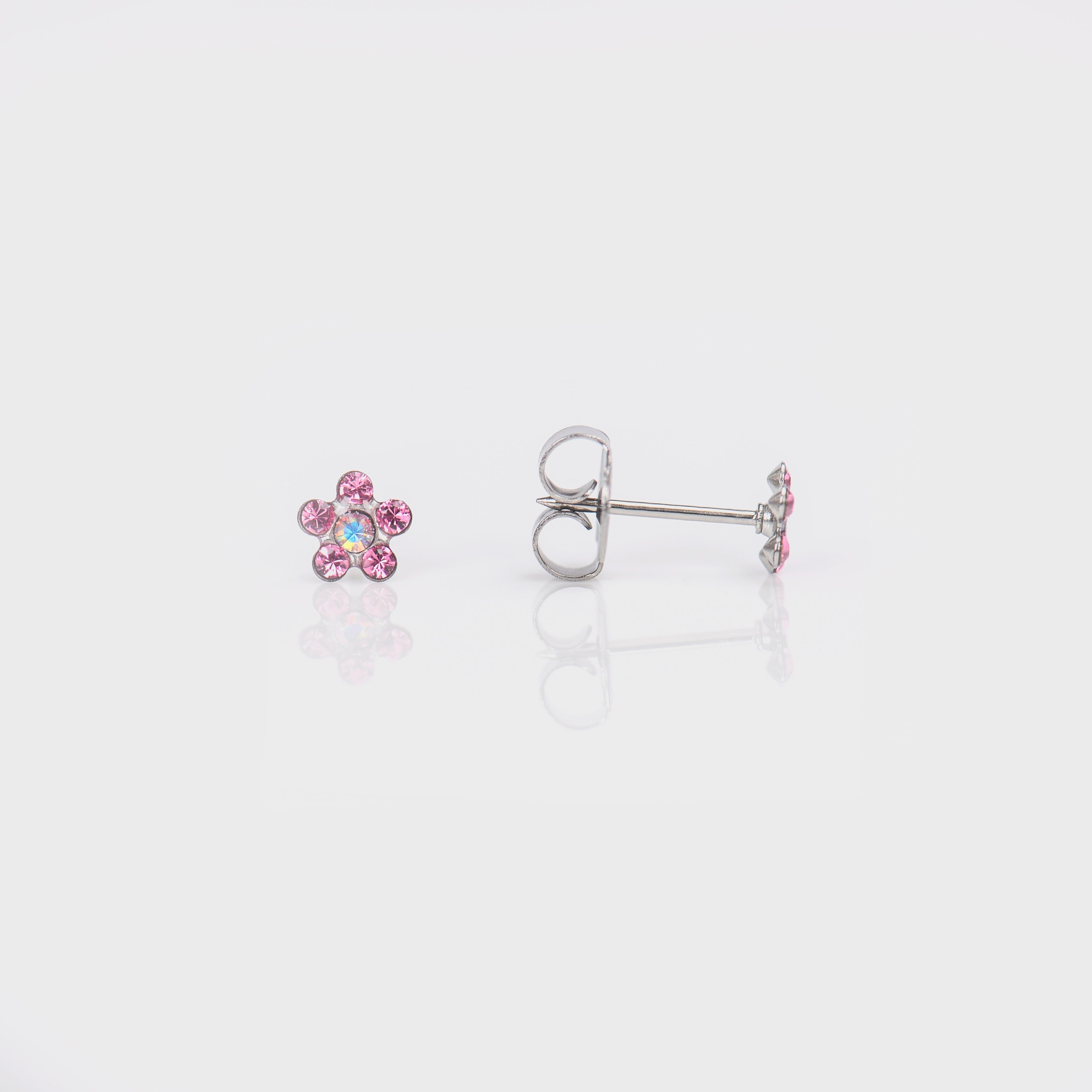 System 75™ Daisy Birthstone Piercing Studs – October Rose + Aurora Borealis Crystal – Regular Post – 14K White Gold