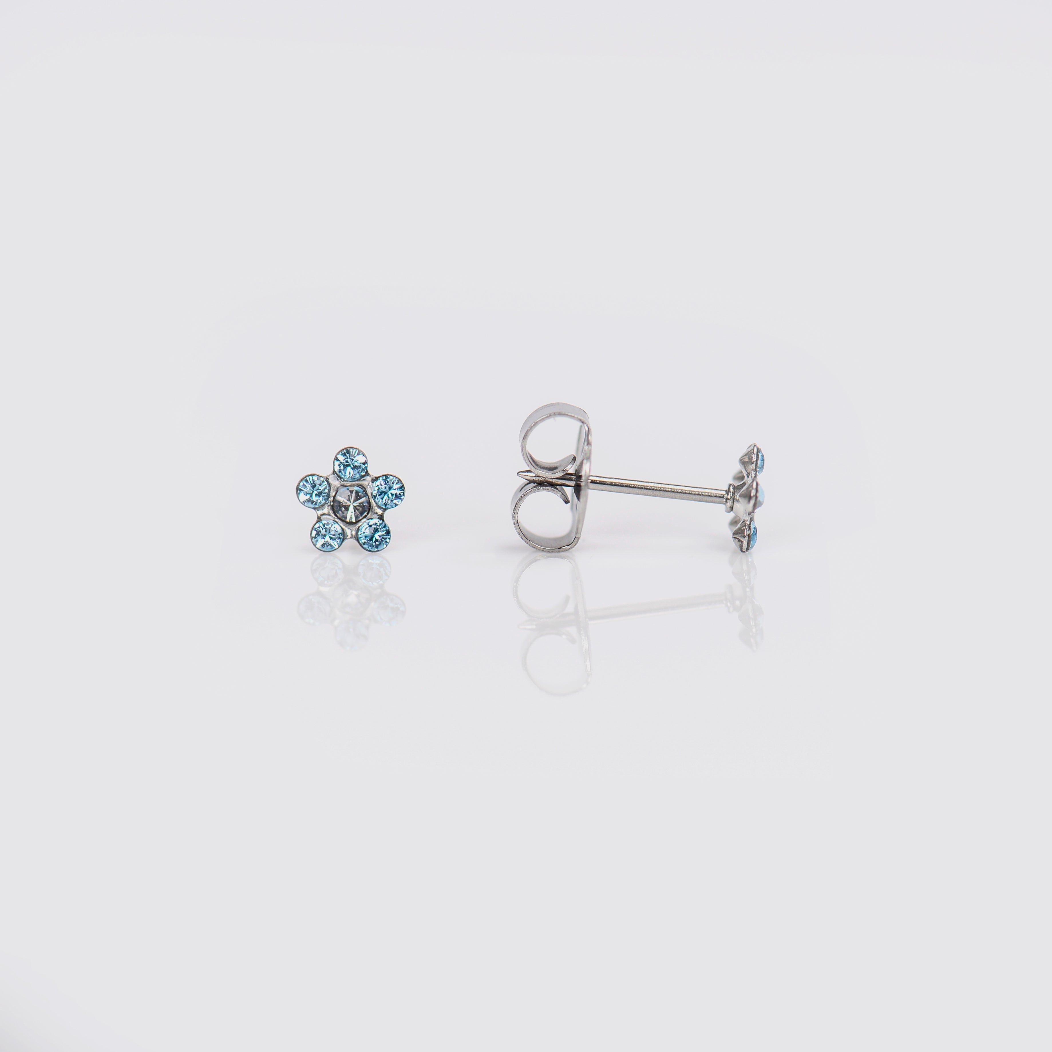 System 75™ Daisy Birthstone Piercing Studs – March Aquamarine + April Crystal – Regular Post – 14K White Gold