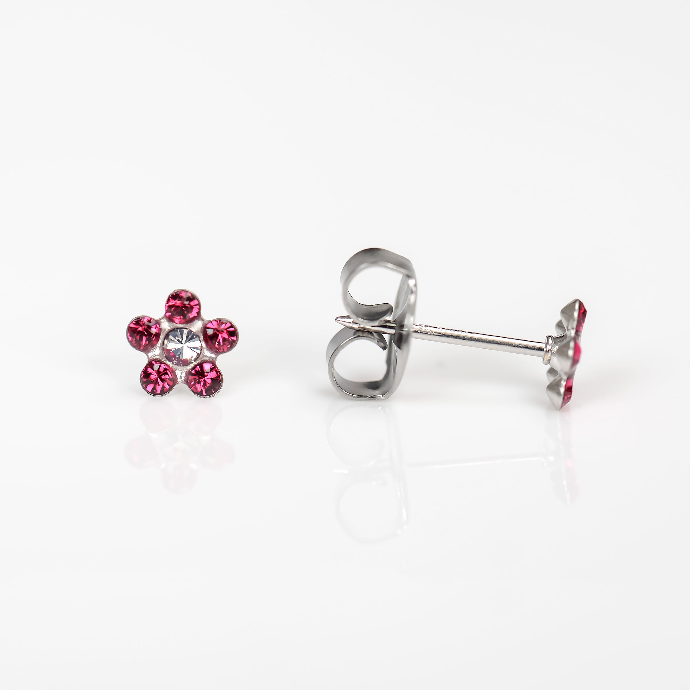 System 75™ Daisy Birthstone Piercing Studs – July Ruby + April Crystal – Regular Post – 14K White Gold