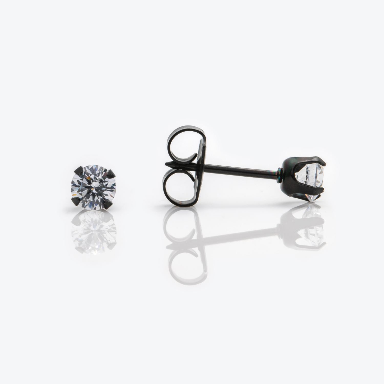 System 75™ Prong-Set Cubic Zirconia Piercing Studs – Clear – 4mm – Black Stainless Steel – Regular Post