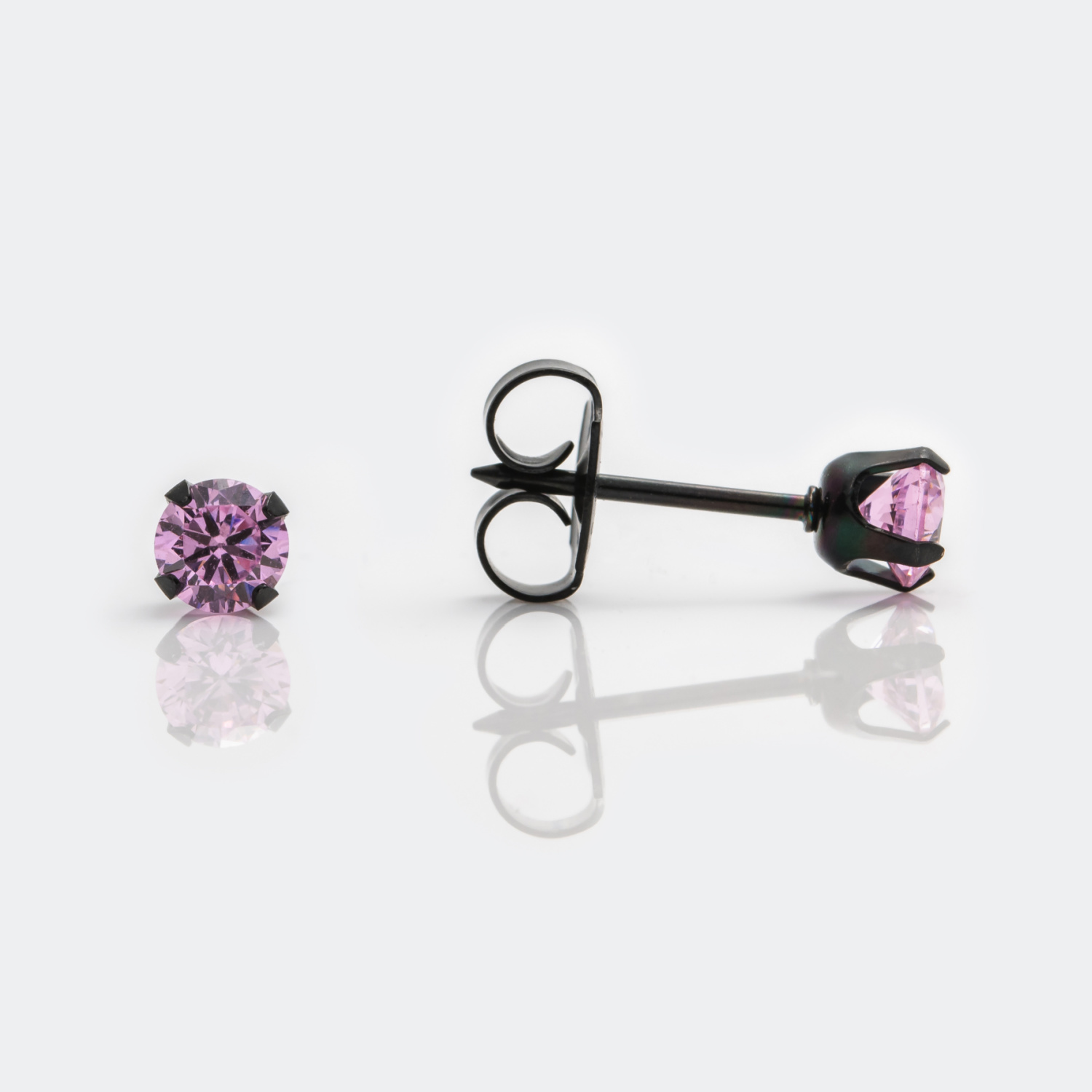 System 75™ Prong-Set Cubic Zirconia Piercing Studs – Pink – 4mm – Black Stainless Steel – Regular Post