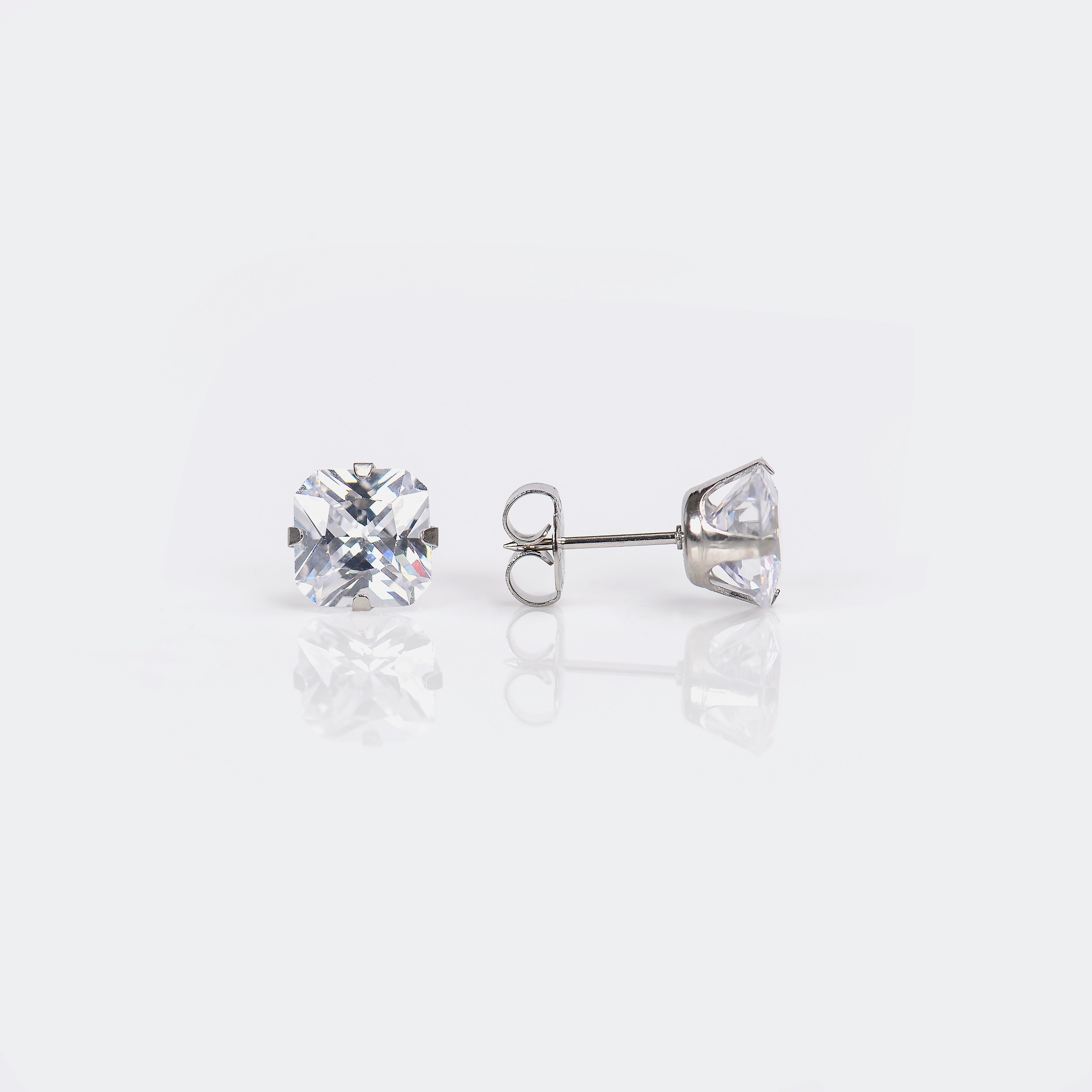 System 75™ Prong-Set Princess-Cut Cubic Zirconia Piercing Studs – 8×8mm – Stainless Steel