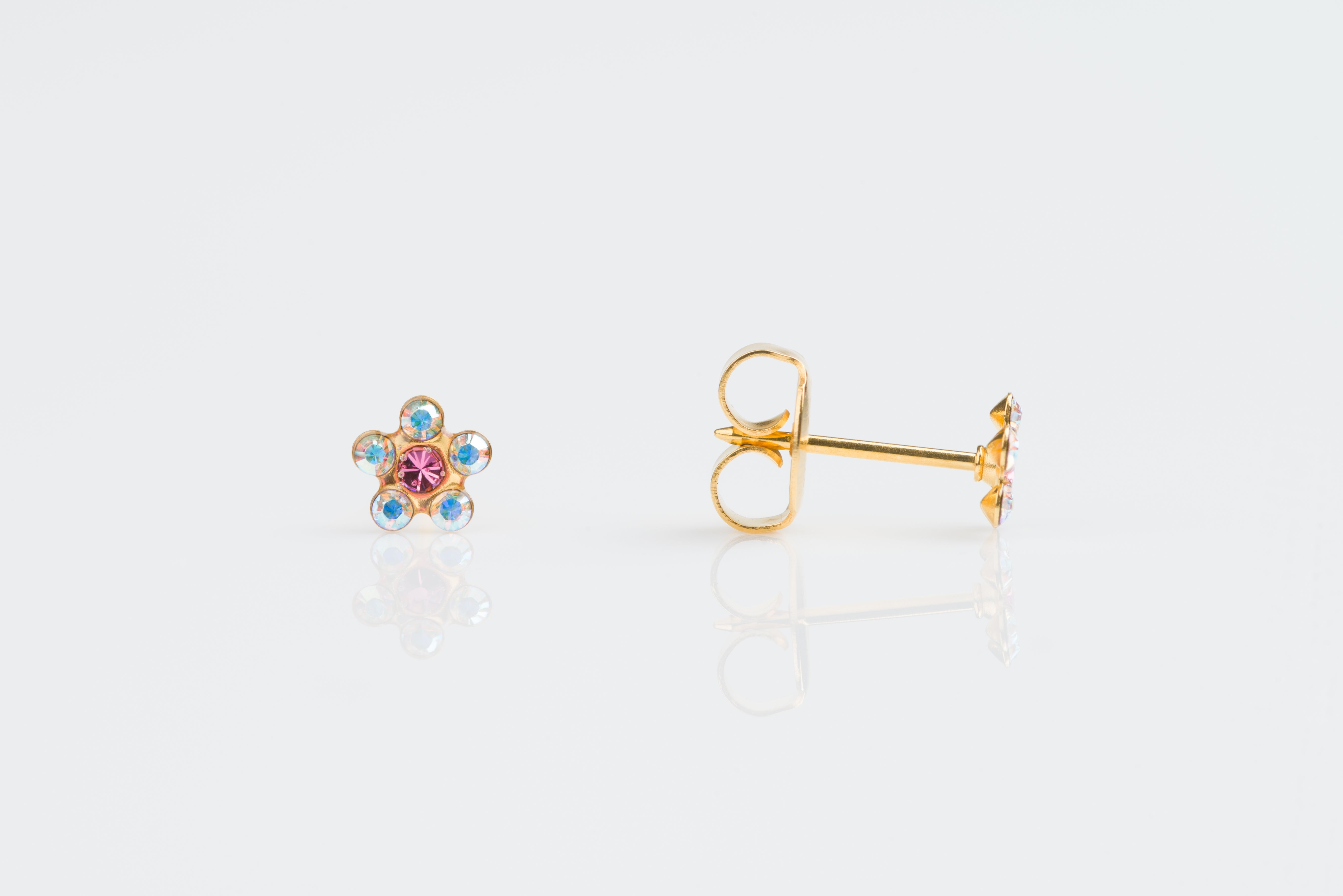System 75™ Daisy Birthstone Piercing Studs – Aurora Borealis Crystal + October Rose – Baby Post – Gold-Plated