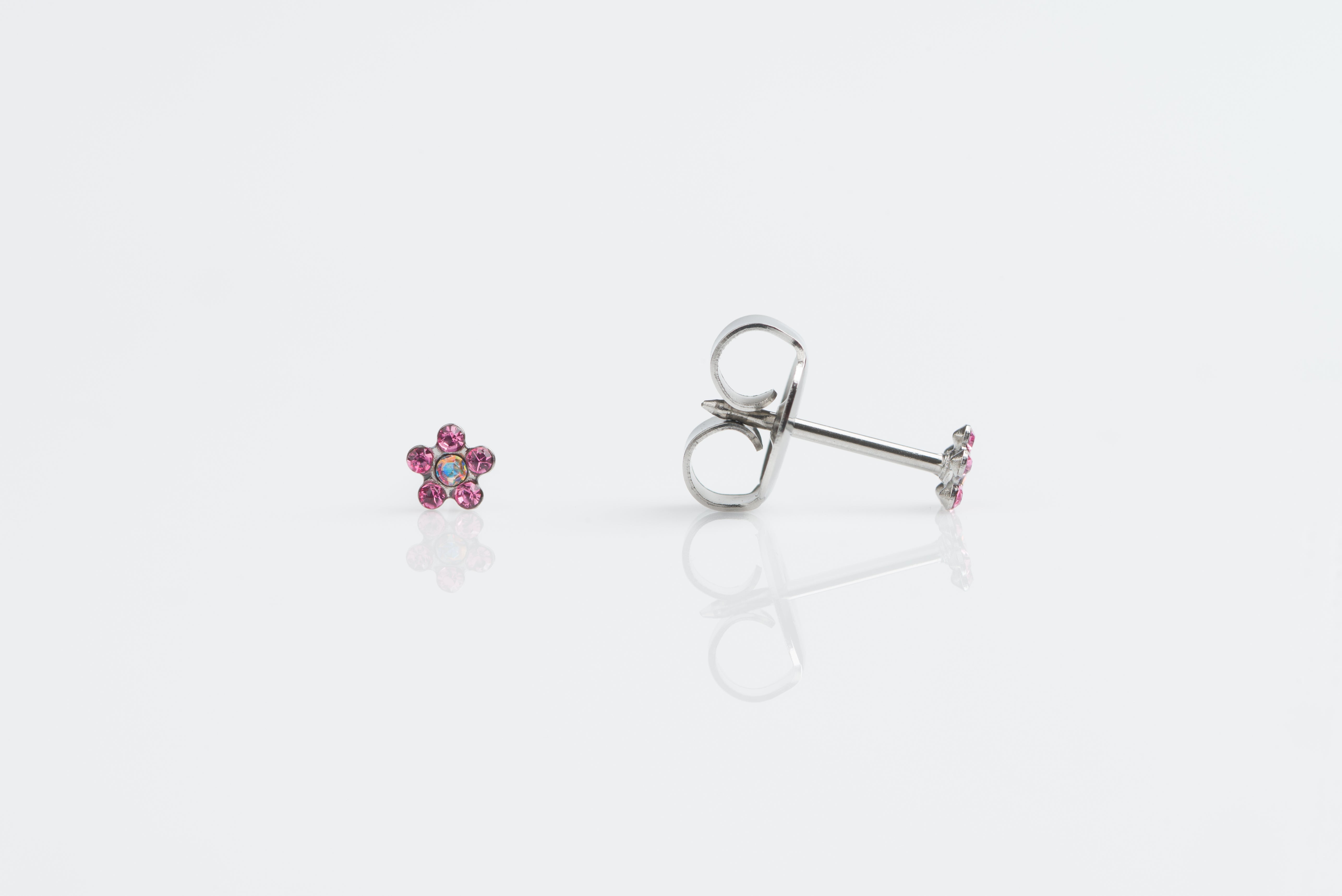 System 75™ Daisy Birthstone Piercing Studs – October Rose + Aurora Borealis Crystal – Baby Post – Stainless Steel
