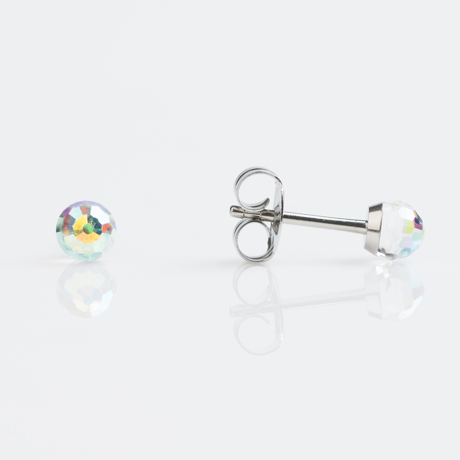 Tiny Tips™ Aurora Borealis Crystal Ball Studs – 4mm – Stainless Steel