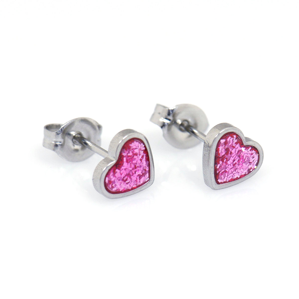 Tiny Tips™ Heart Studs – 6×6mm – Pink Glitter – Stainless Steel