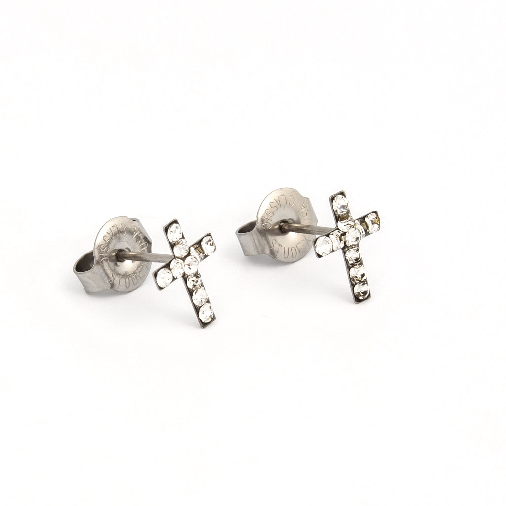 Tiny Tips™ Cross Crystal Studs – April Crystal – Stainless Steel