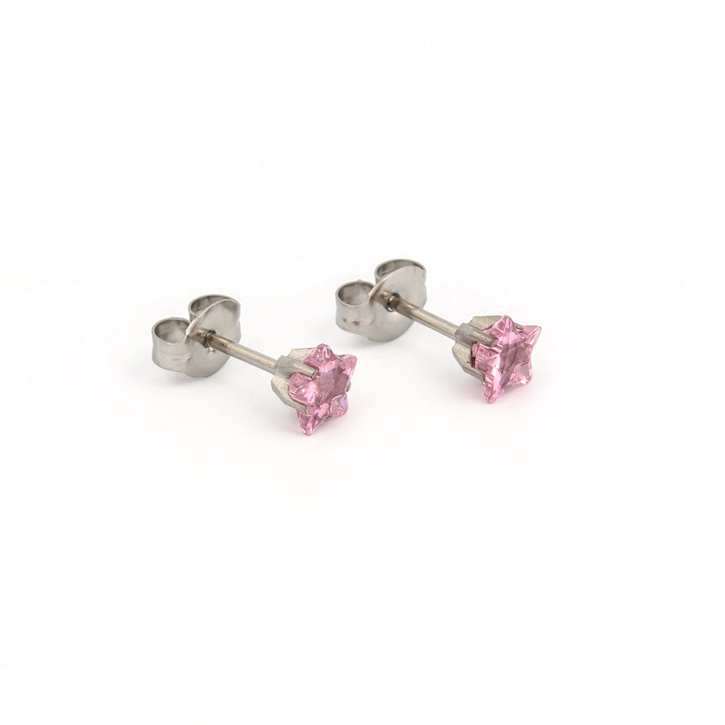 Tiny Tips™ Prong-Set Star-Cut Cubic Zirconia Studs – Pink – 5mm – Stainless Steel