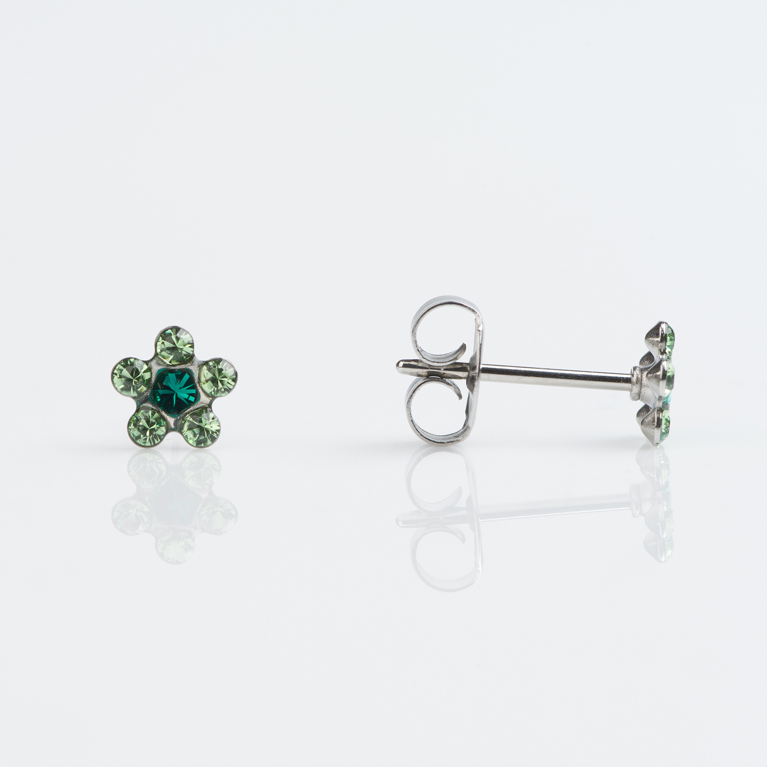 Tiny Tips™ Daisy Crystal Studs – 5mm – August Peridot + May Emerald – Stainless Steel