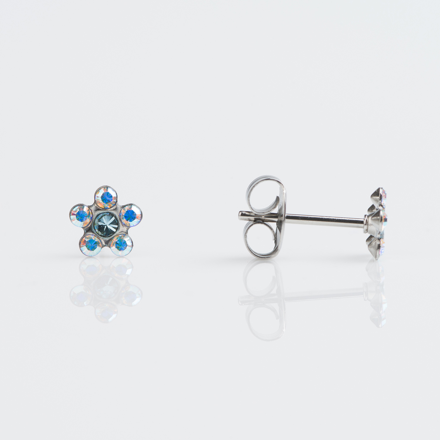 Tiny Tips™ Daisy Crystal Studs – 5mm – Aurora Borealis Crystal + March Aquamarine – Stainless Steel