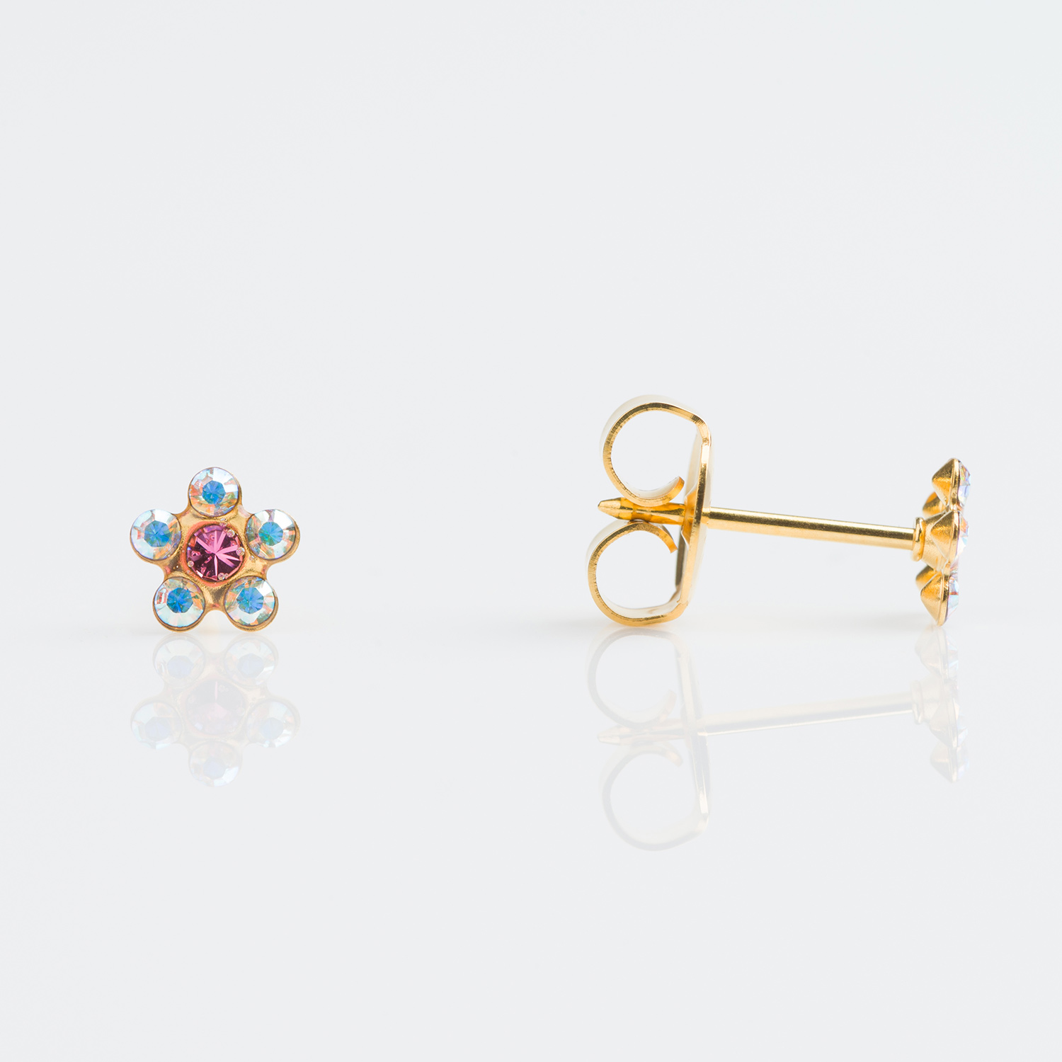 Tiny Tips™ Daisy Crystal Studs – 5mm – Aurora Borealis Crystal + October Rose – Gold-Plated