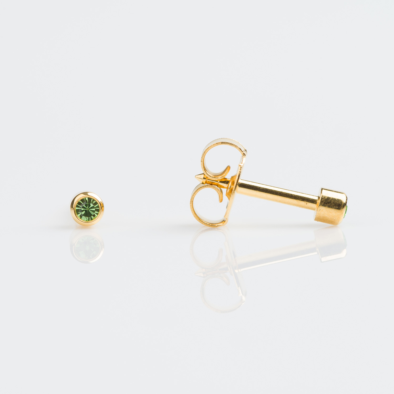 Universal™ Flatpack Gold-Plated Bezel-Set August Peridot Piercing Studs – Mini Adaptor – 2mm