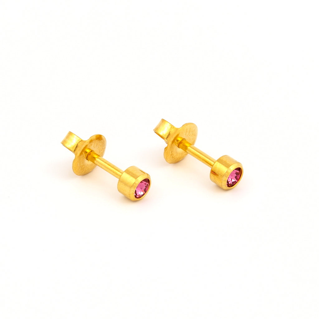 Universal™ Select Bezel-Set Birthstone Carded Piercing Studs – Gold-Plated – Regular – October Rose Crystal – 3mm