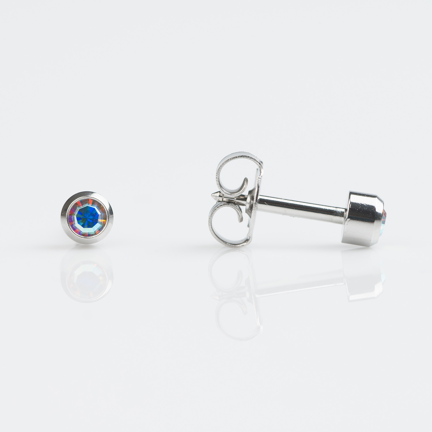 Universal™ Flatpack Stainless Steel Bezel-Set Aurora Borealis Crystal Piercing Studs – Regular Adaptor – 3mm